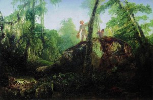 Ещё одна картина, написанная Саврасовым в 1850 году в Григорове - "Камень в лесу у разлива". Утверждается, будто бы на полотне изображён сын И.Д. Лужина с другом - сыном своей кормилицы.